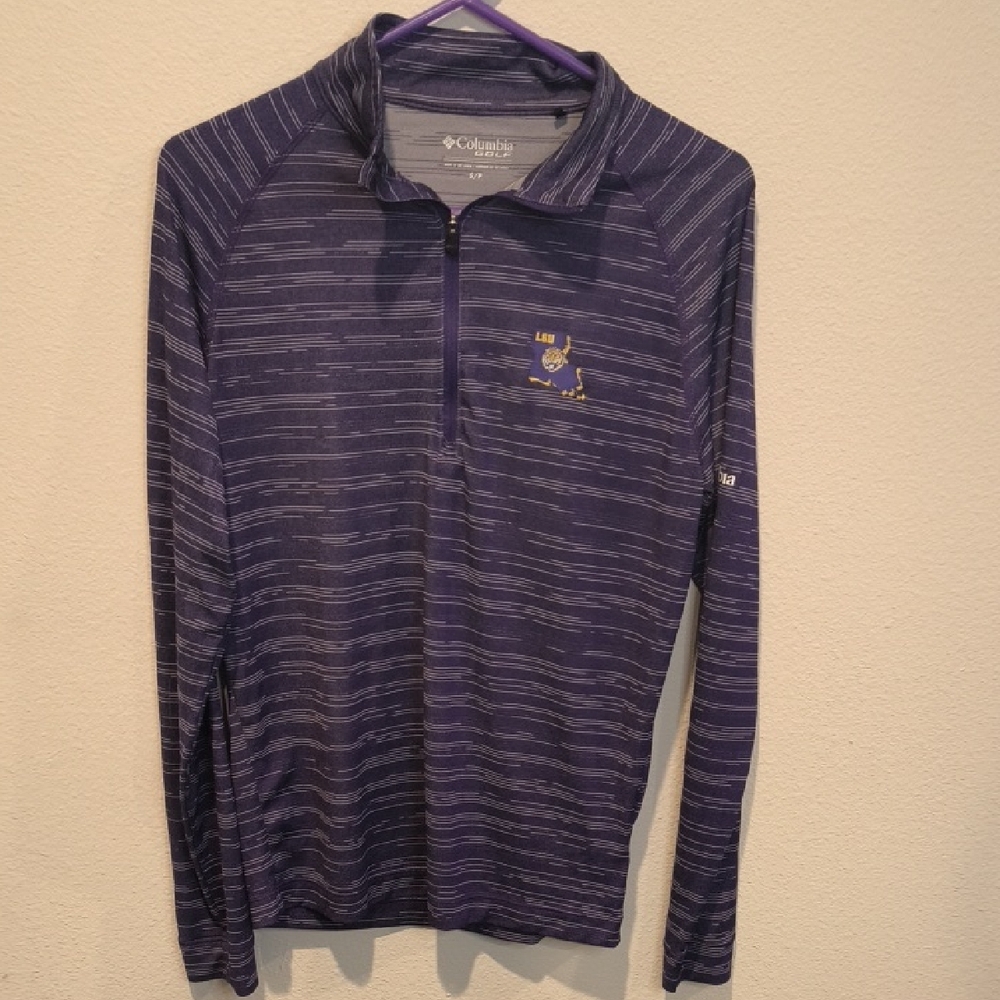 LSU Columbia Purple Gray Striped Golf 1/4 Zip Pullover Louisiana Logo Size Small